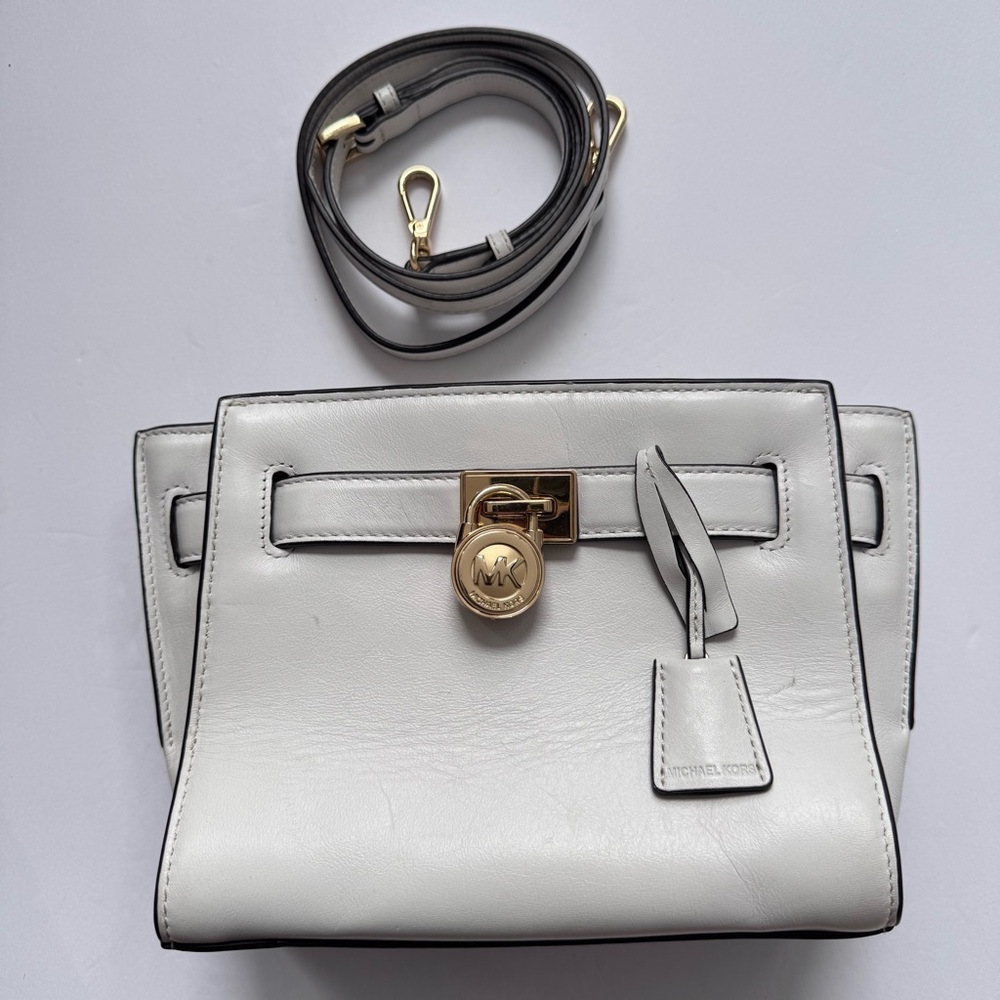 MICHAEL KORS Optic White Hamilton Traveler Crossbody Leather Bag GUC
